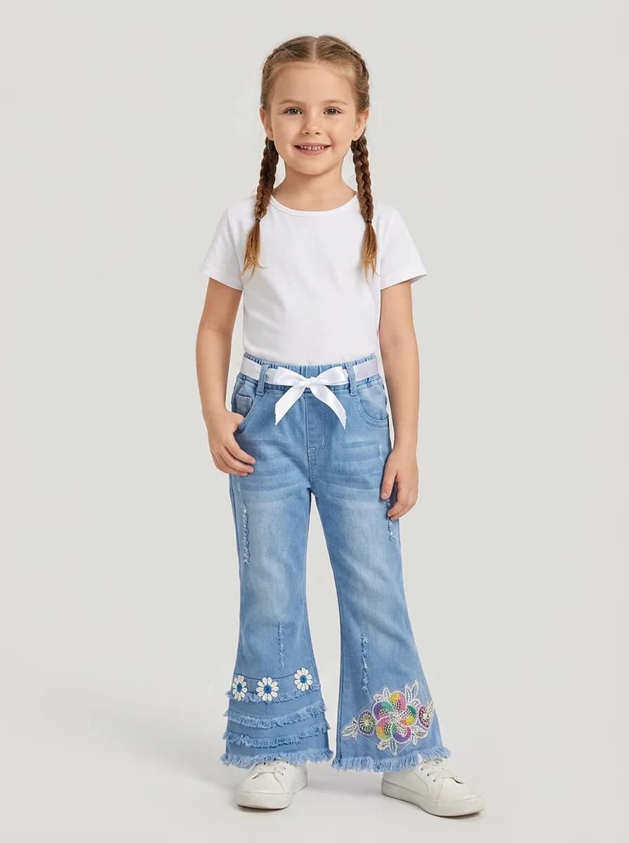 Girls Light Blue Wash Embellished Flare Denim Jeans with Ribbon Belt