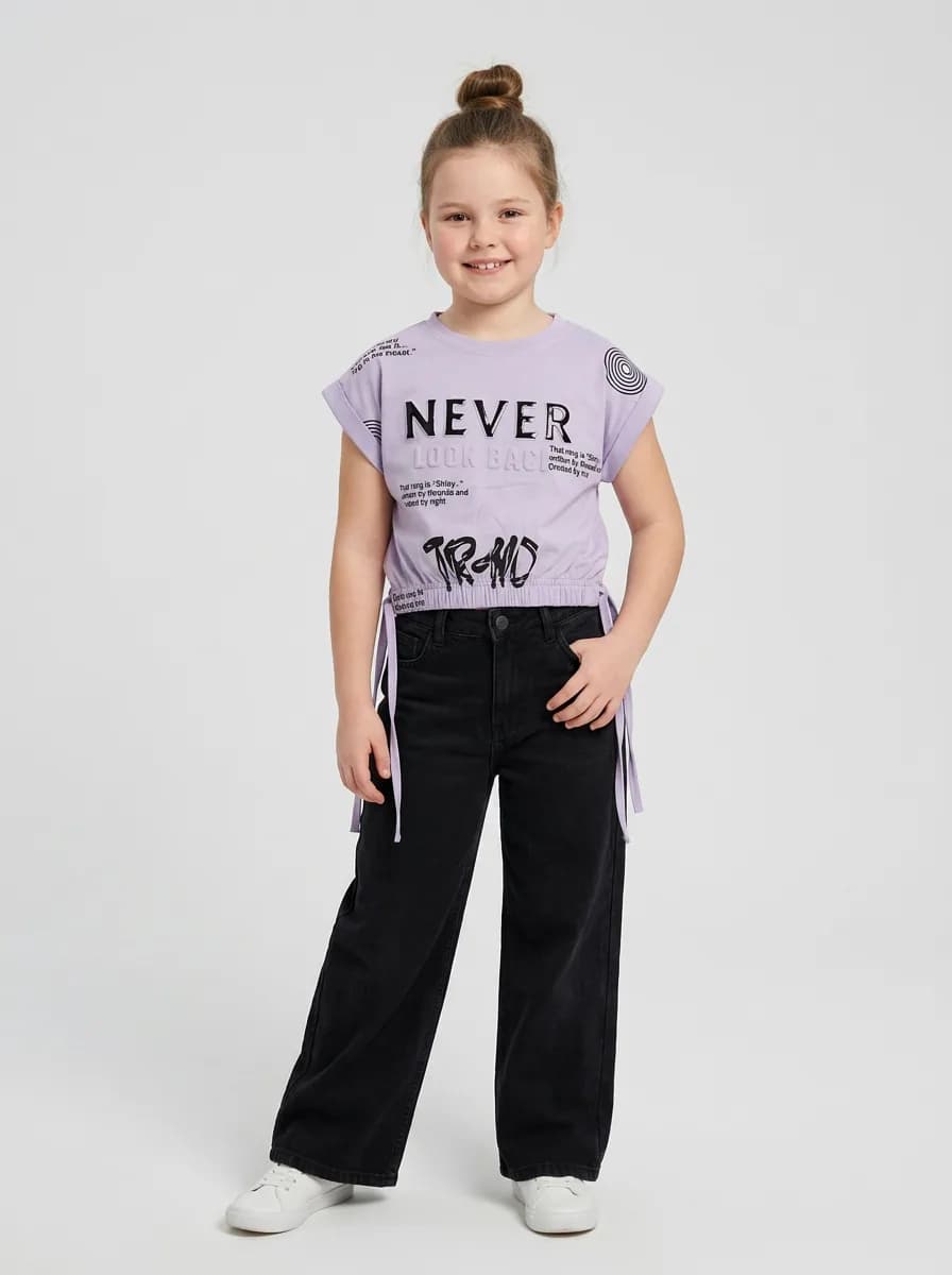 Girls Lavender Typographic Print Crop Top with Side Tie-Up Hem