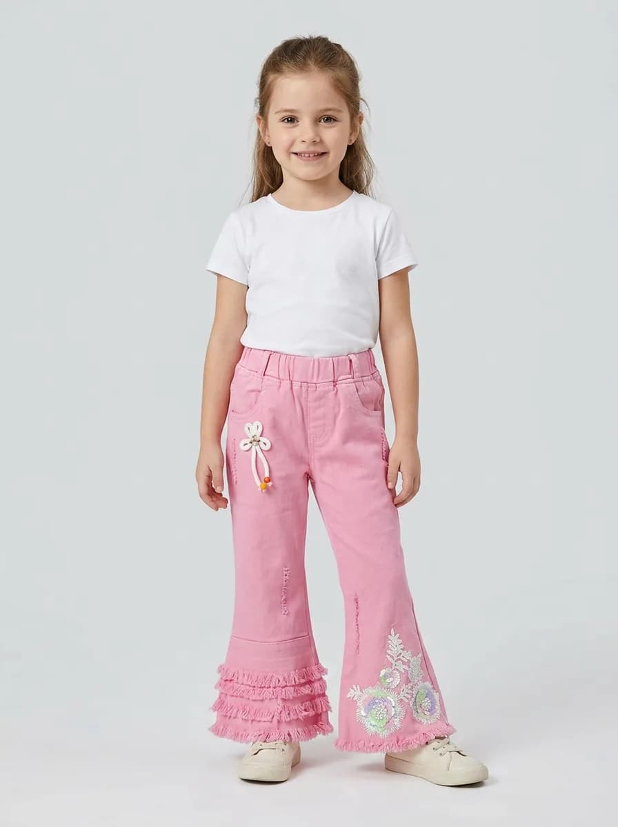 Girls Bubblegum Pink Flared Jeans with Sequin Floral Embroidery