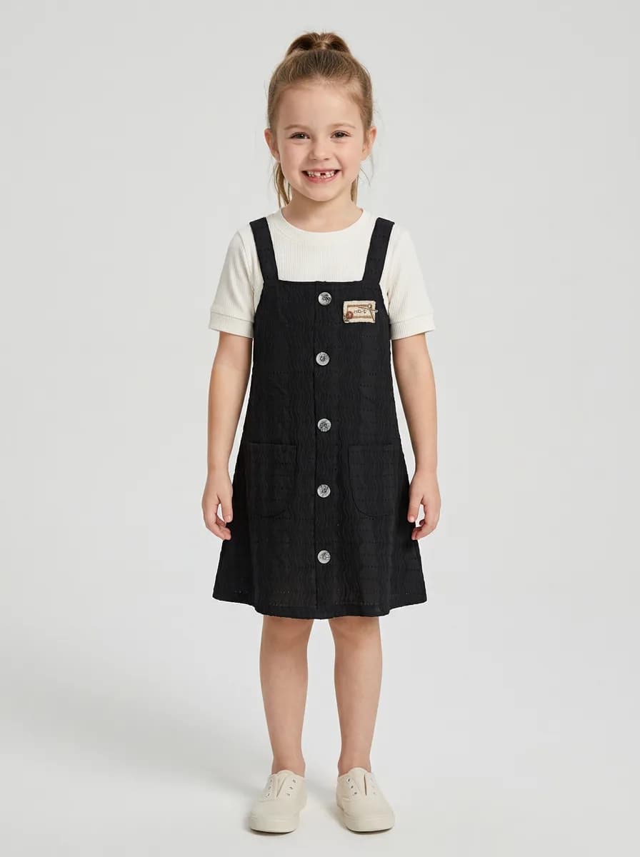 Girls Black Textured Pinafore Dress with Off-White Ribbed T-Shirt Set