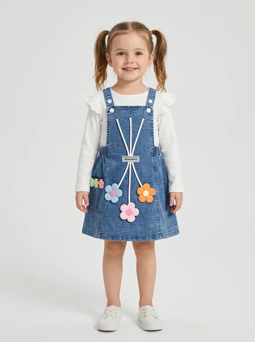 Girls Mid-Blue Stonewash Denim Pinafore Dress and White Ribbed Top Set