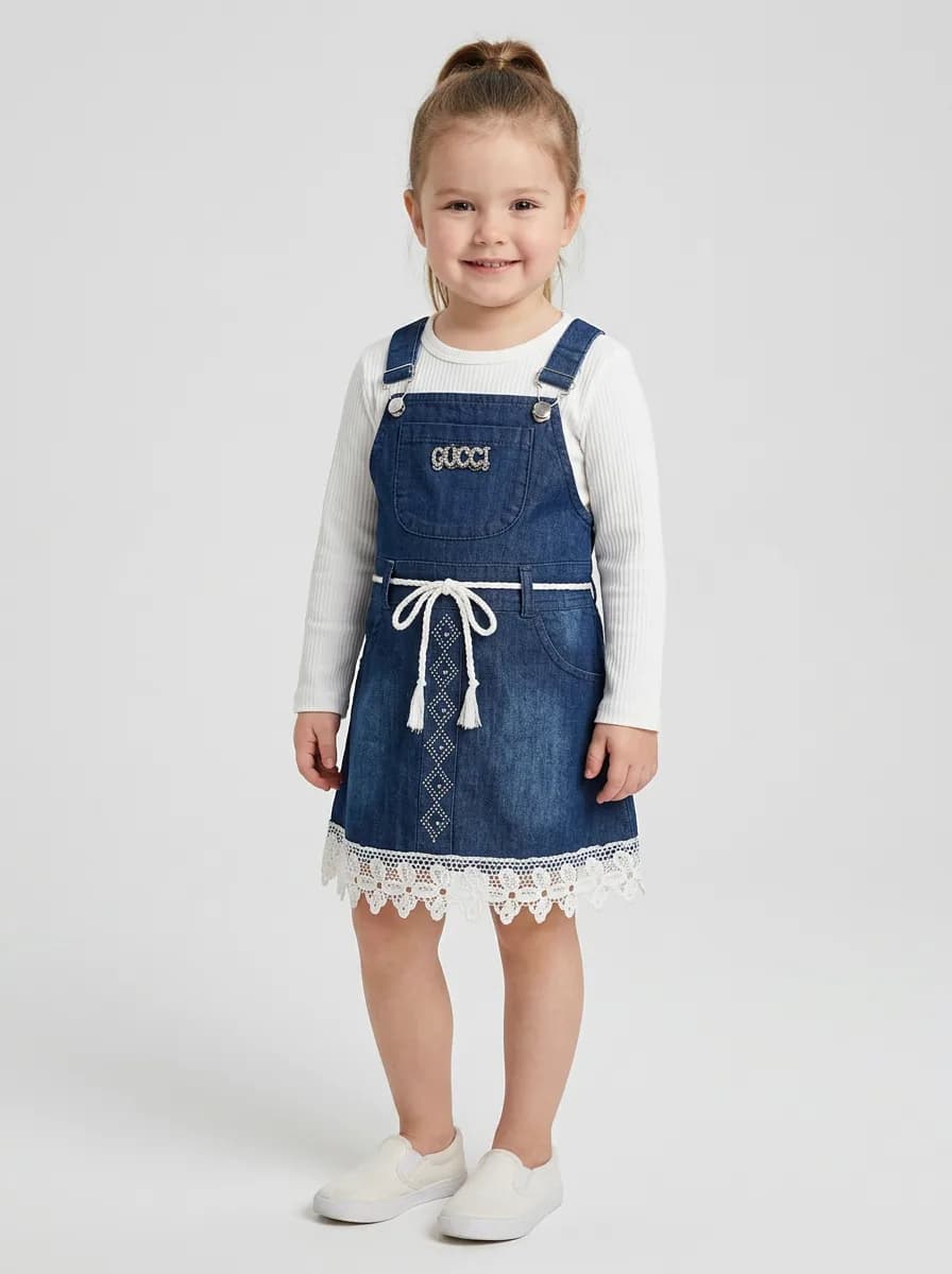 Girls White Ribbed Top and Dark Blue Washed Denim Pinafore Dress Set