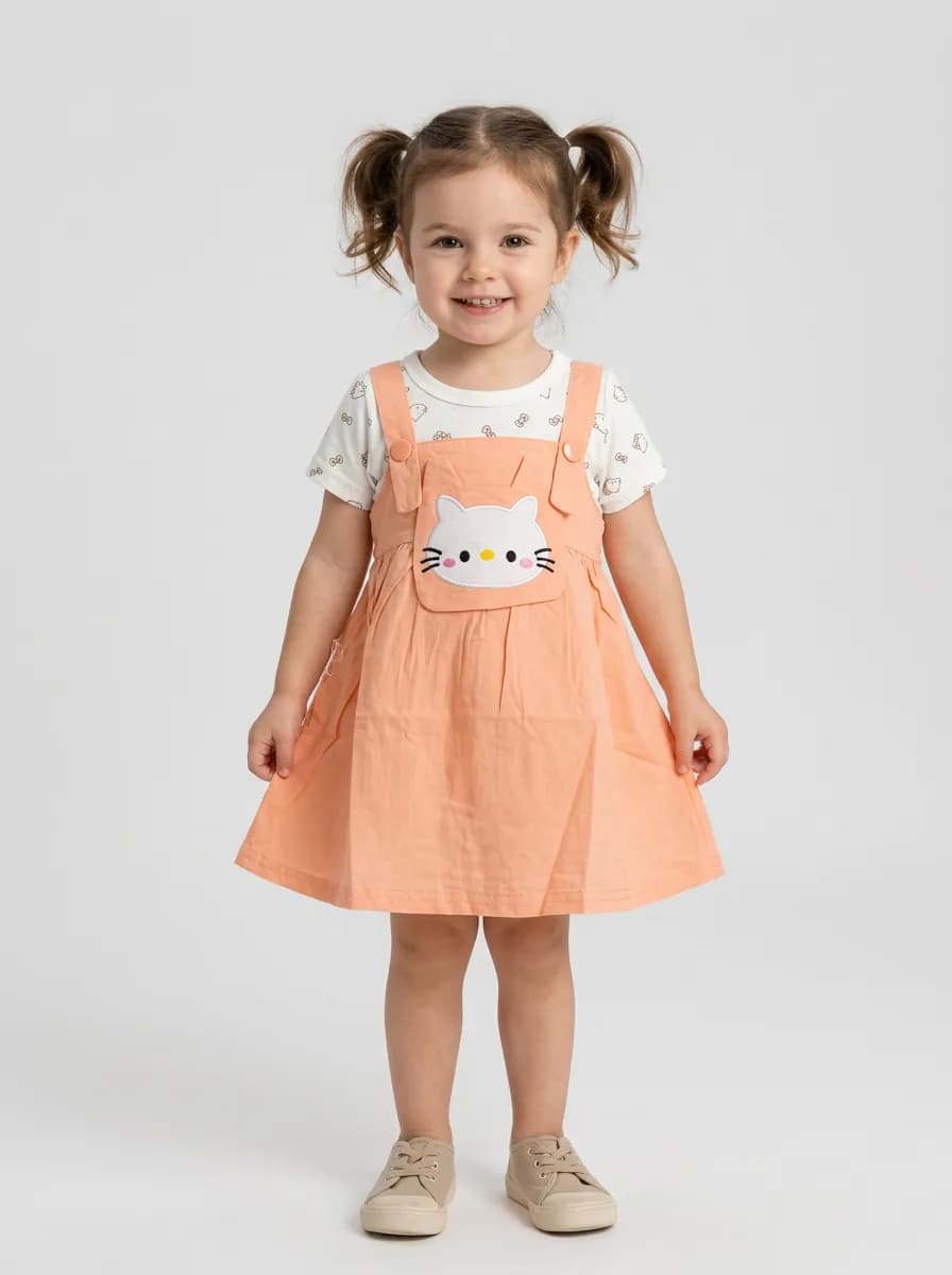 Girls Peach Cat Pinafore Dress and White Printed T-Shirt Set