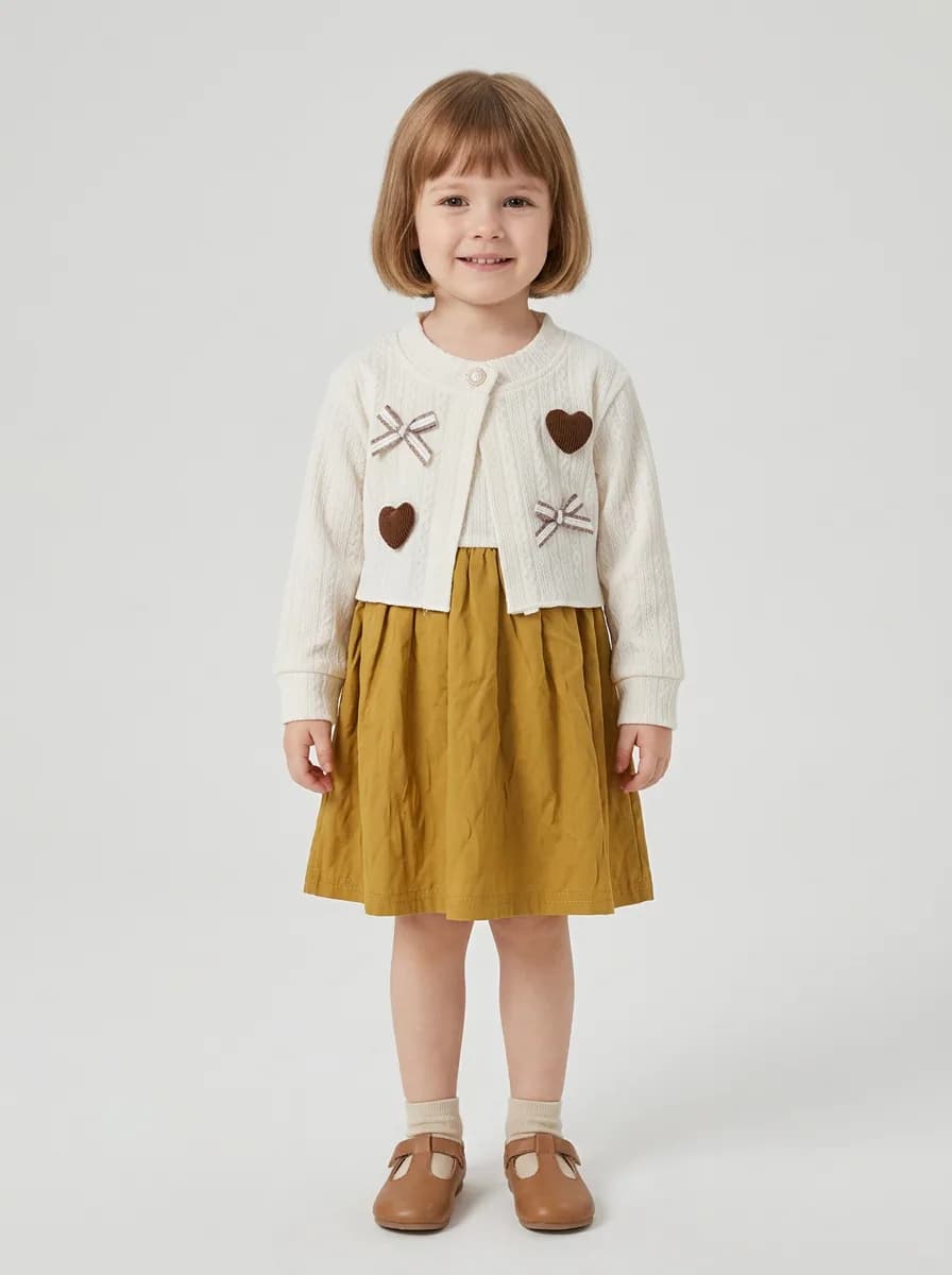 Girls Off-White and Mustard Yellow Mock Cardigan A-Line Dress