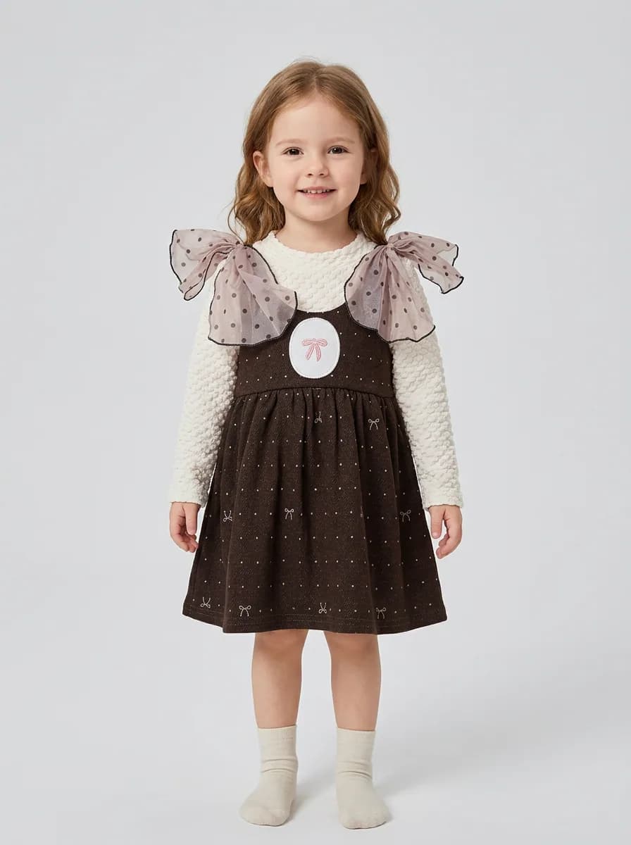 Girls Off-White and Dark Brown 2-in-1 Pinafore Dress with Sheer Shoulder Bows
