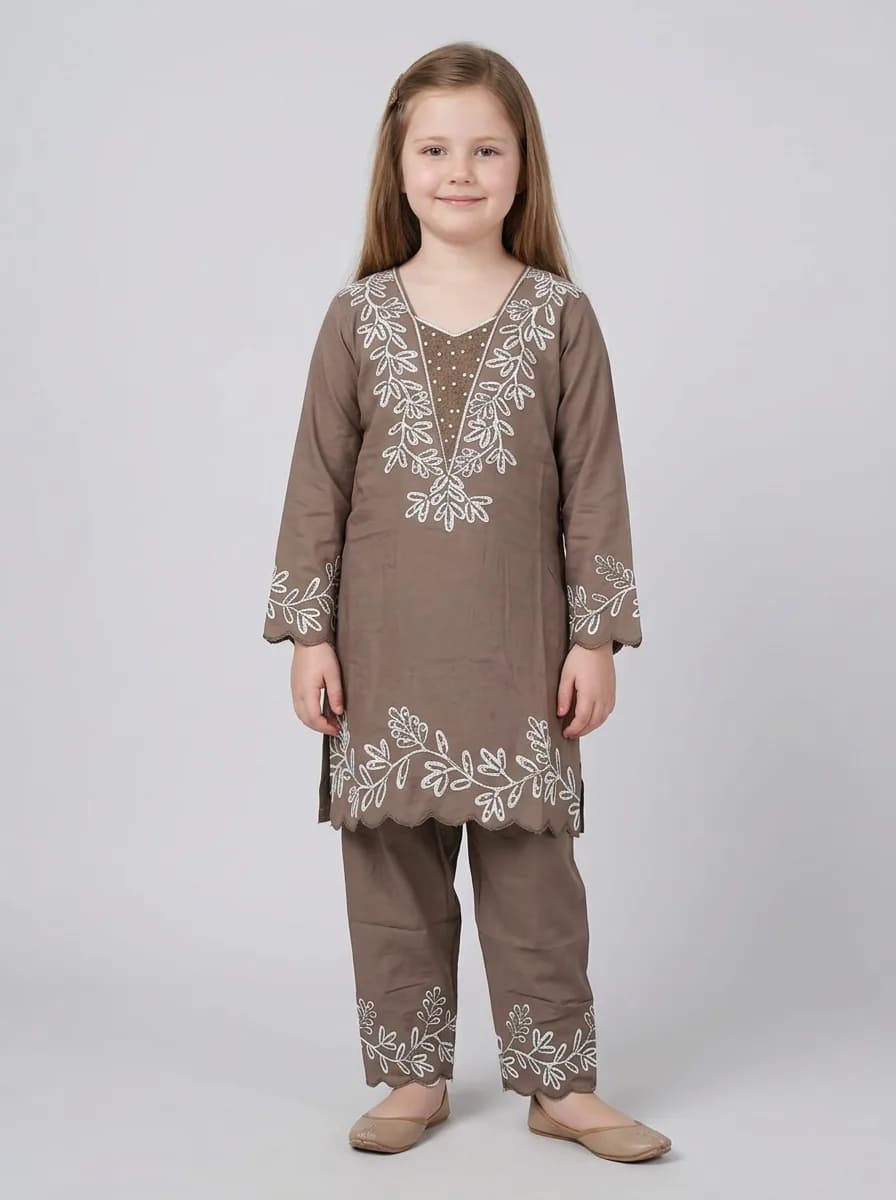Girls Taupe Brown Embroidered Kurta and Trouser Set