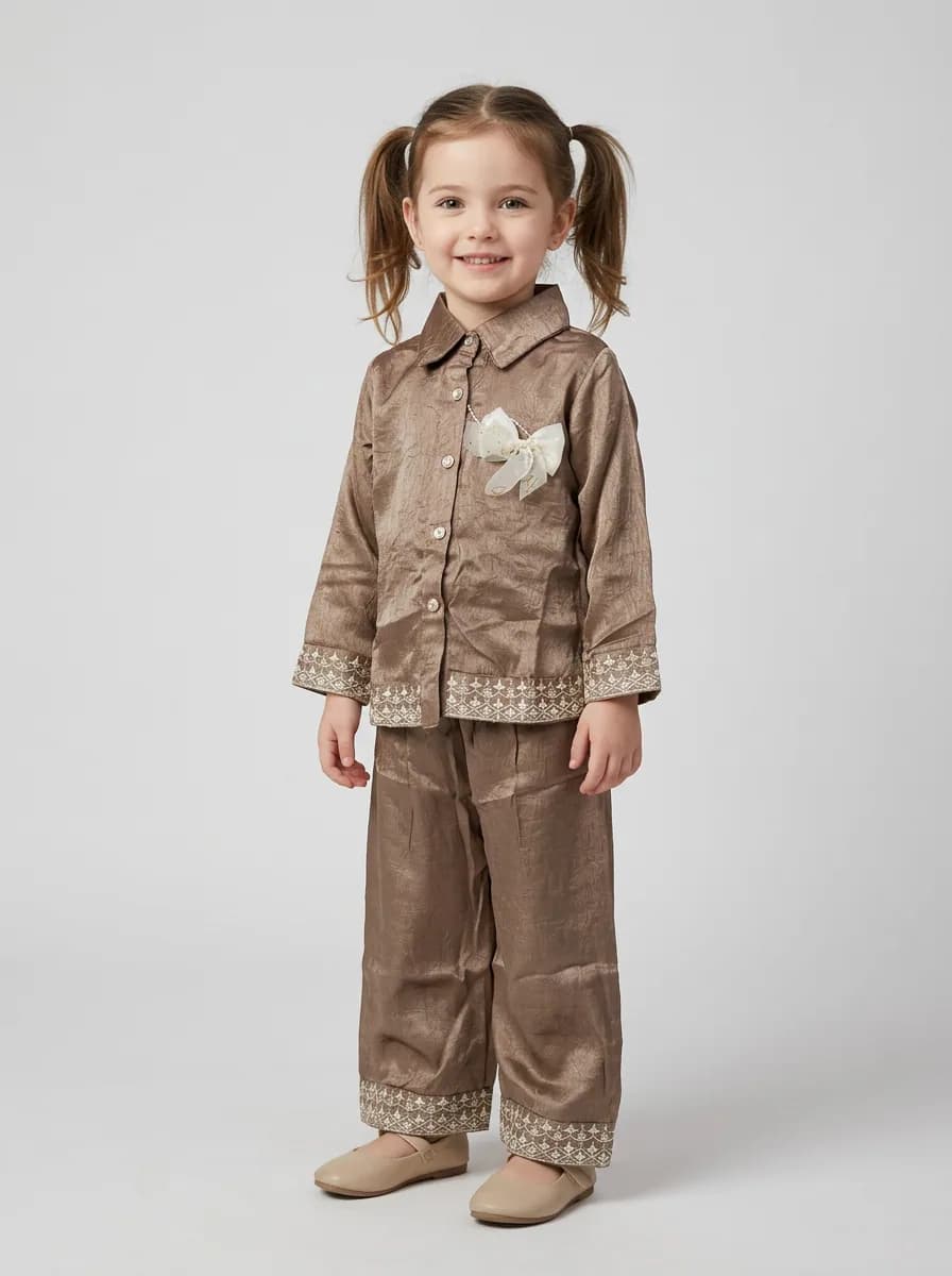 Girls Taupe Brown Embroidered Short Kurti and Pant Set with Bow Brooch