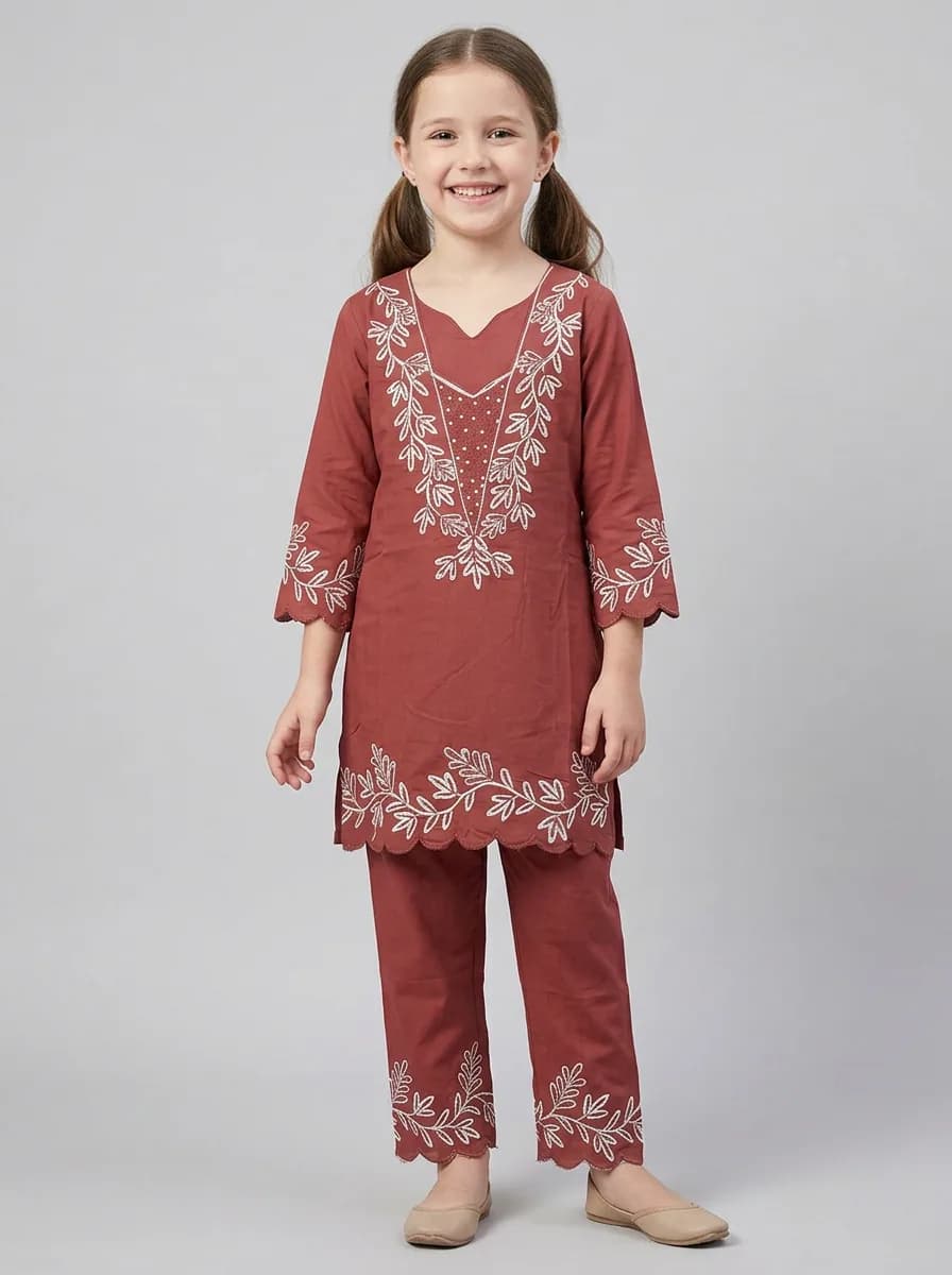 Girls Rust Red Embroidered Kurta and Pant Set