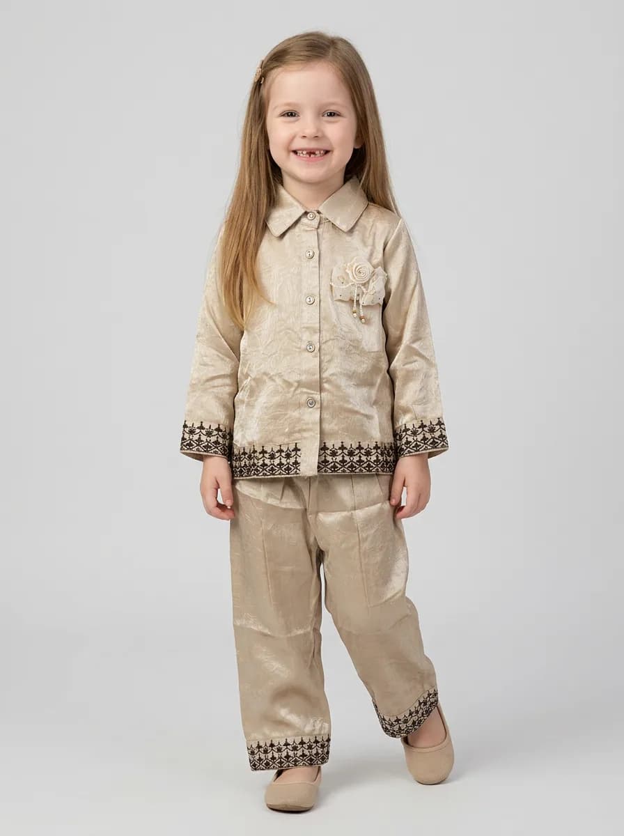Girls Shimmering Beige Embroidered Short Kurti and Pant Set