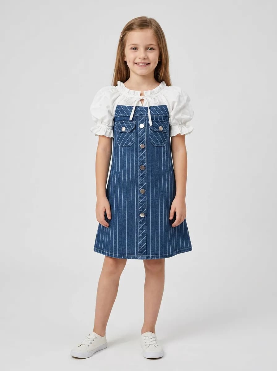 Girls Mid-Blue Washed Pinstripe Denim A-Line Dress with White Puff Sleeves