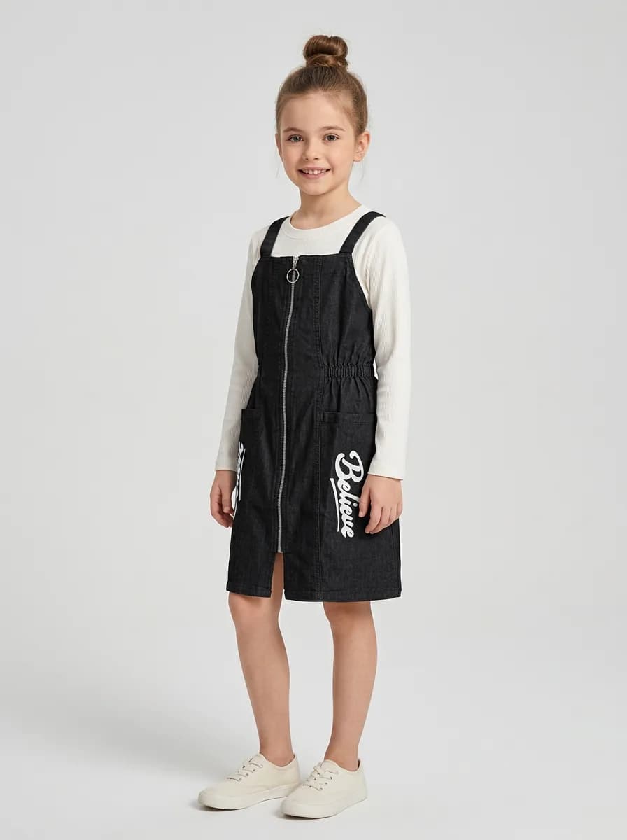 Girls Black Denim Pinafore Dress and Off-White Ribbed Top Set