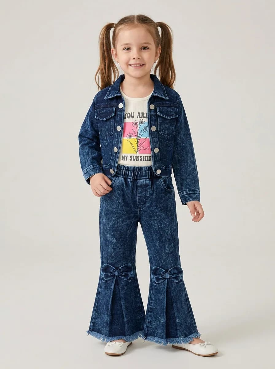 Girls Dark Blue Acid Wash Denim Jacket, Graphic Top and Bow Flare Jeans Set