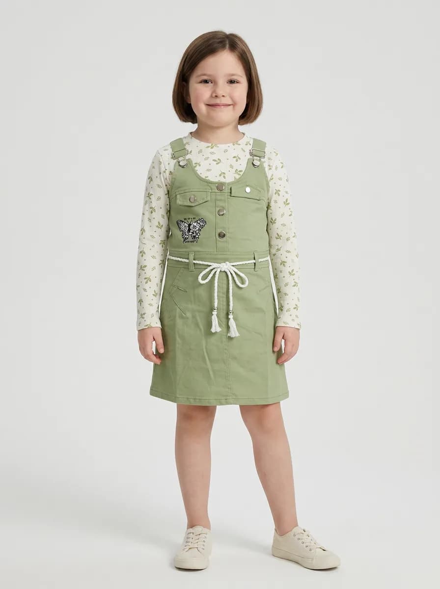 Girls Sage Green Pinafore Dress and Off-White Leaf Print Top Set