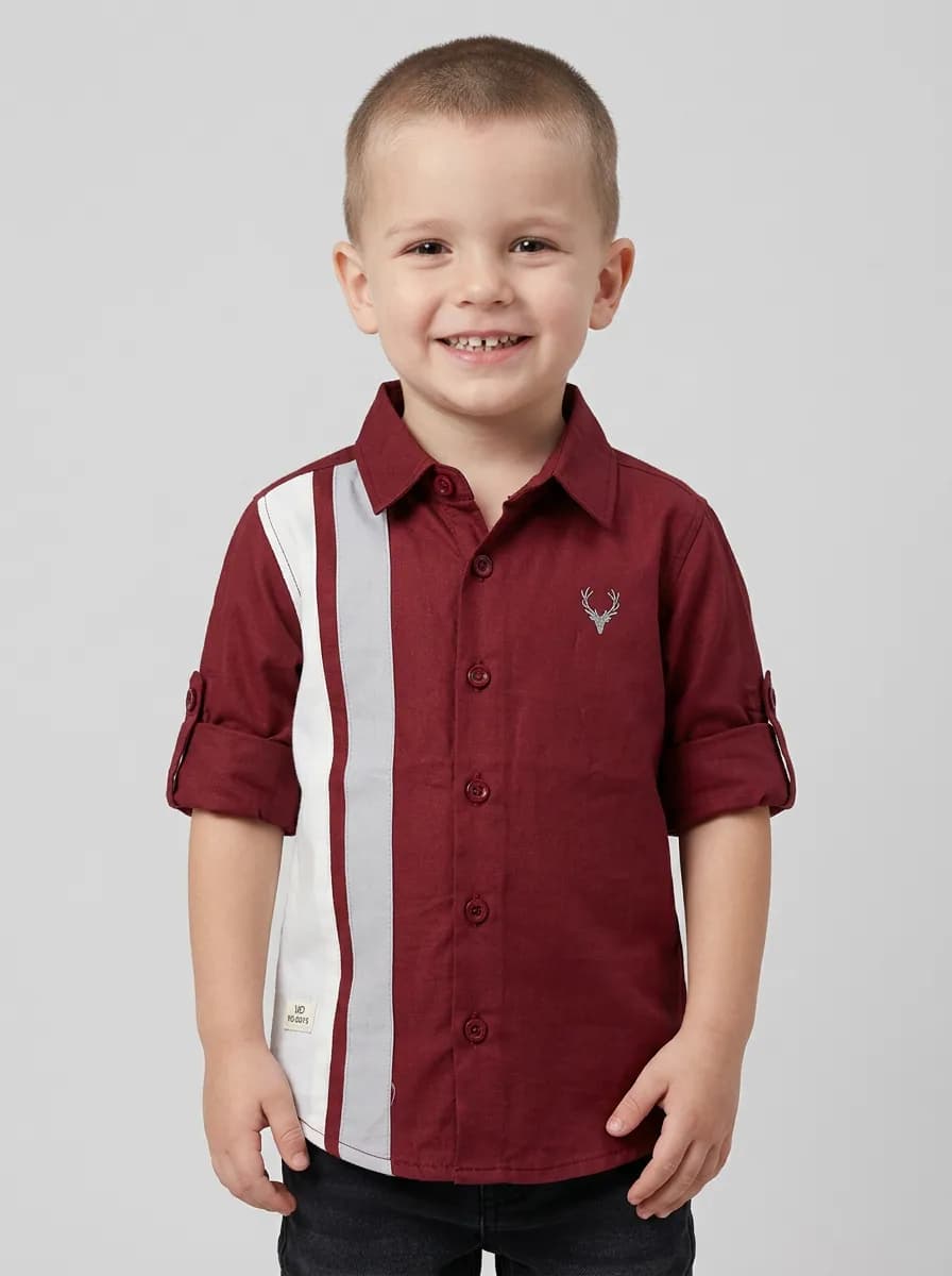 Boys Maroon Colourblocked Casual Shirt with Roll-Up Sleeves