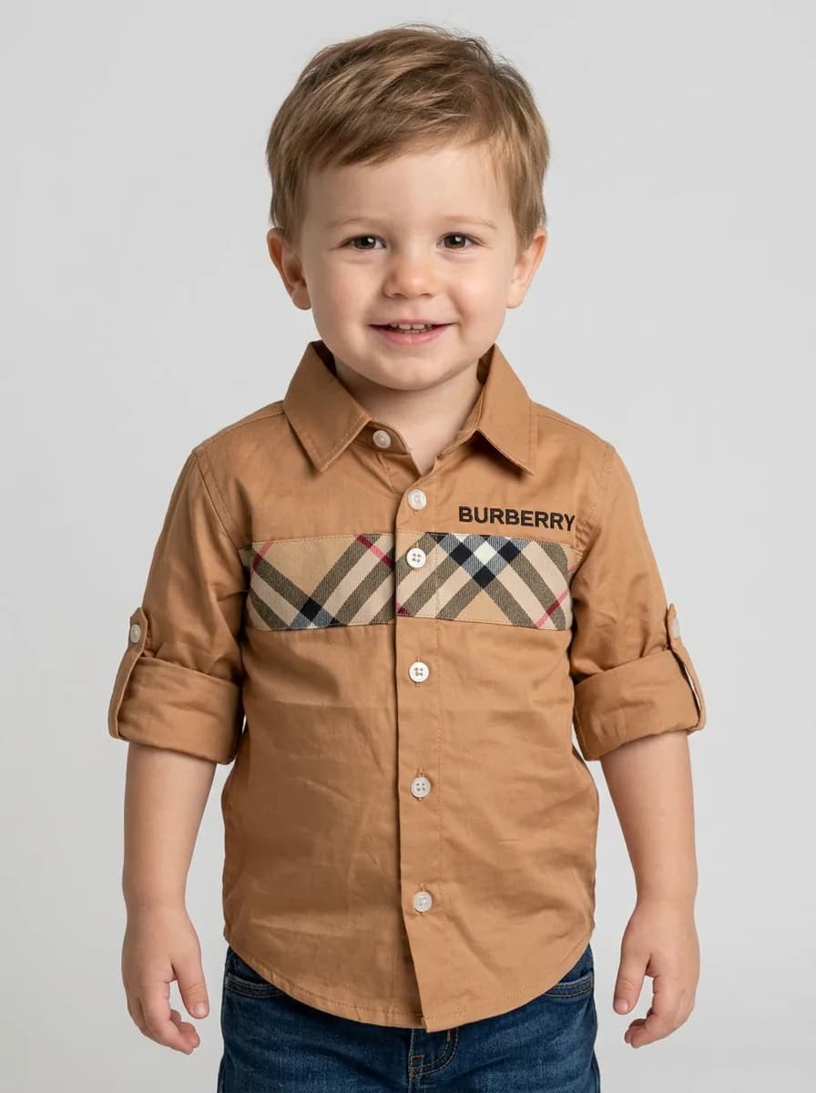 Boys Camel Brown Button-Down Shirt with Plaid Chest Panel