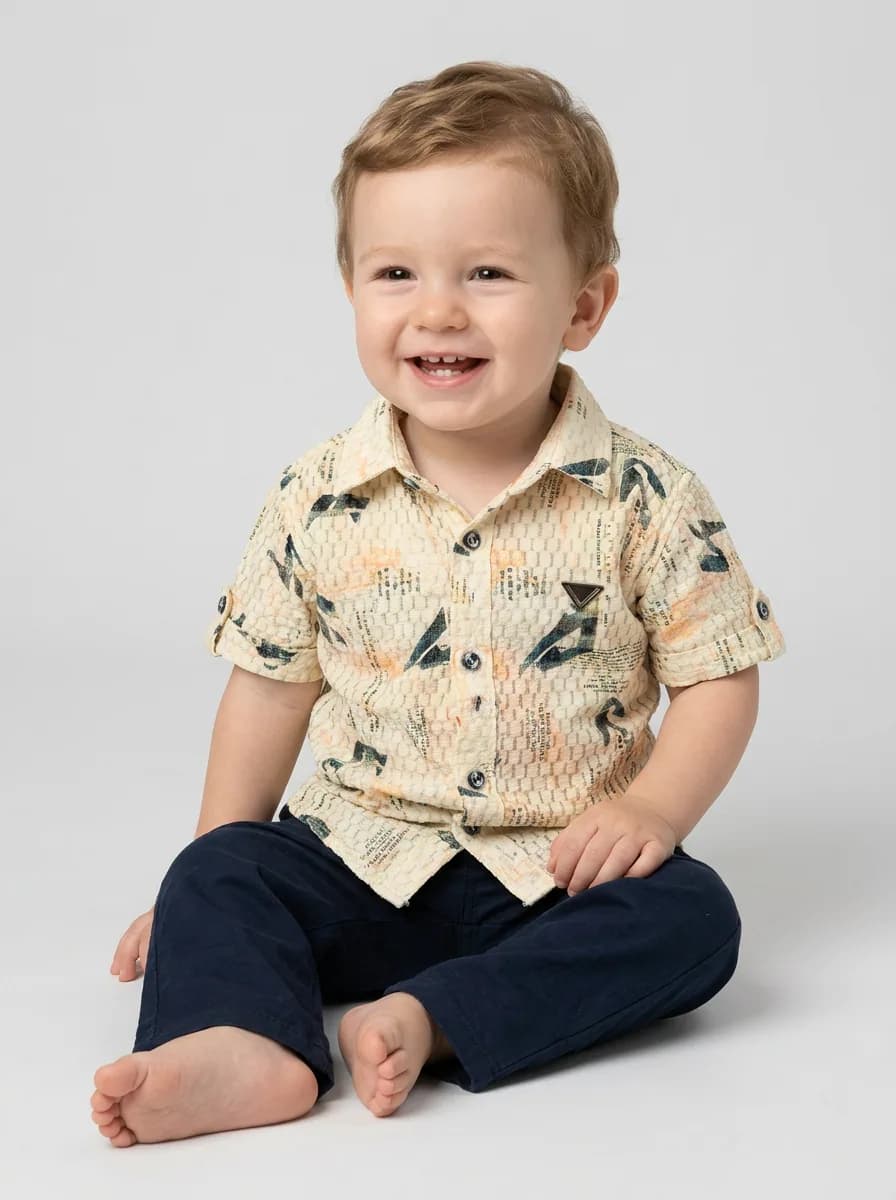 Boys Cream Textured Printed Short-Sleeve Casual Shirt