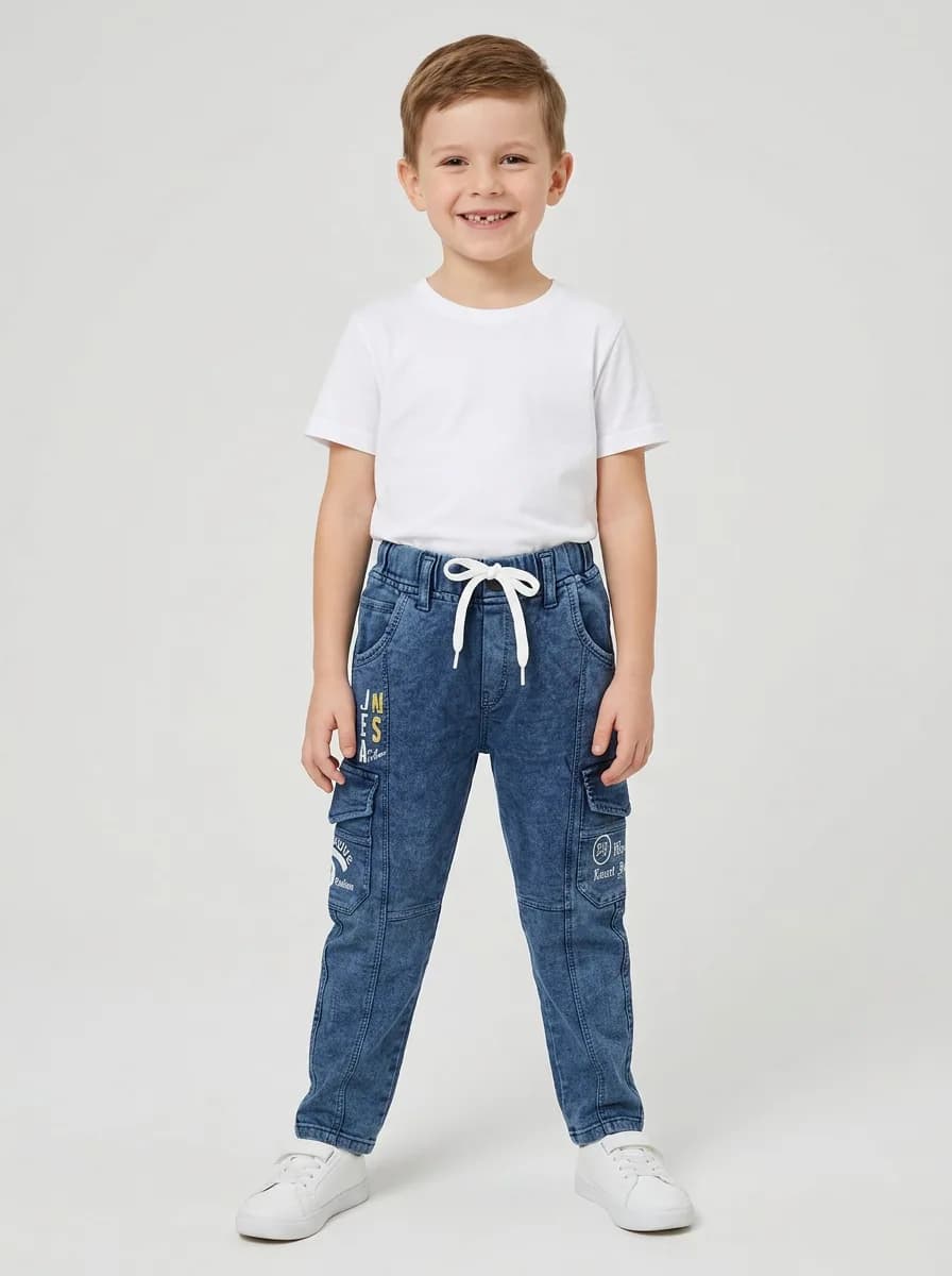Boys Mid-Blue Washed Denim Cargo Jogger Jeans with Drawstring