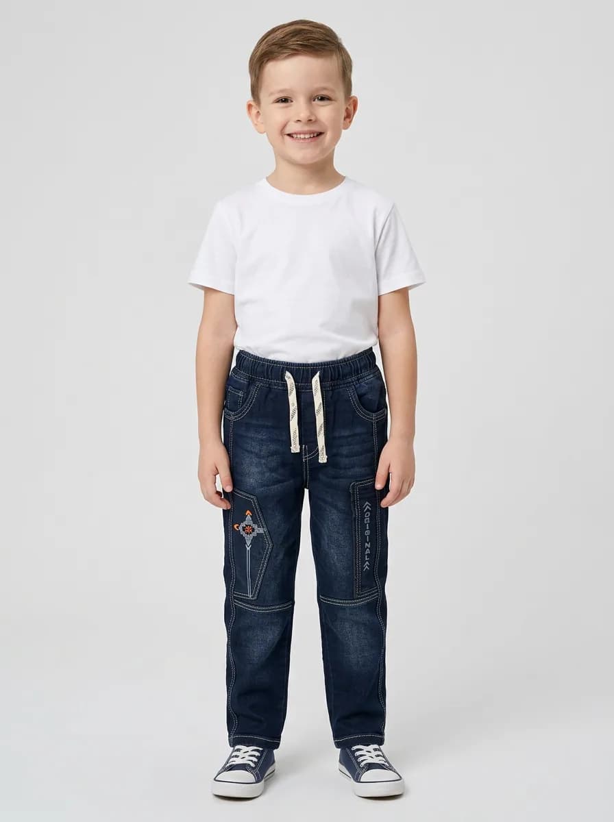 Boys Dark Blue Washed Denim Jogger Jeans with Contrast Stitching