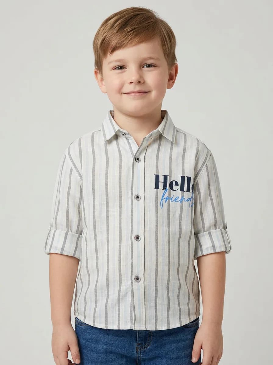 Boys Off-White Striped Casual Shirt with Hello Friends Print