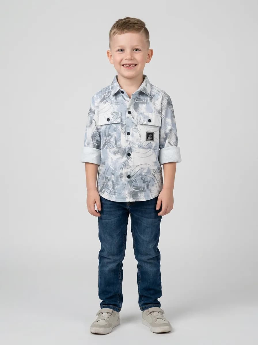 Boys White and Light Blue Abstract Print Textured Casual Shirt