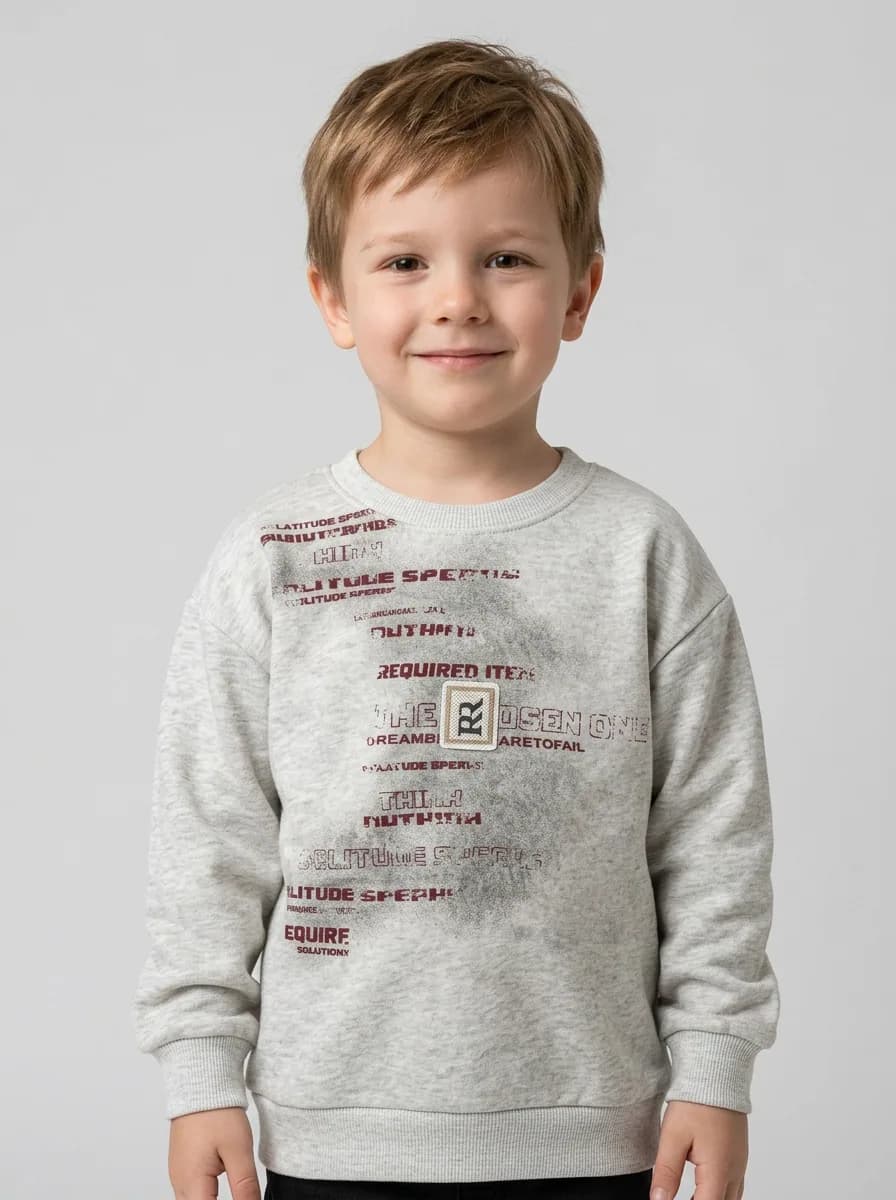 Kids Light Grey Melange Graphic Print Crew Neck Sweatshirt