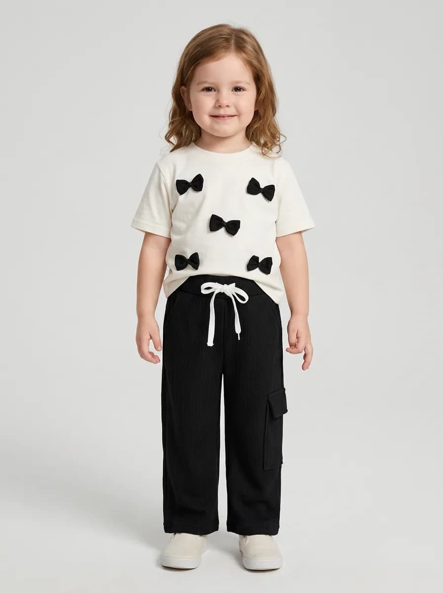 Girls White Bow Detail T-Shirt and Black Ribbed Cargo Pants Set