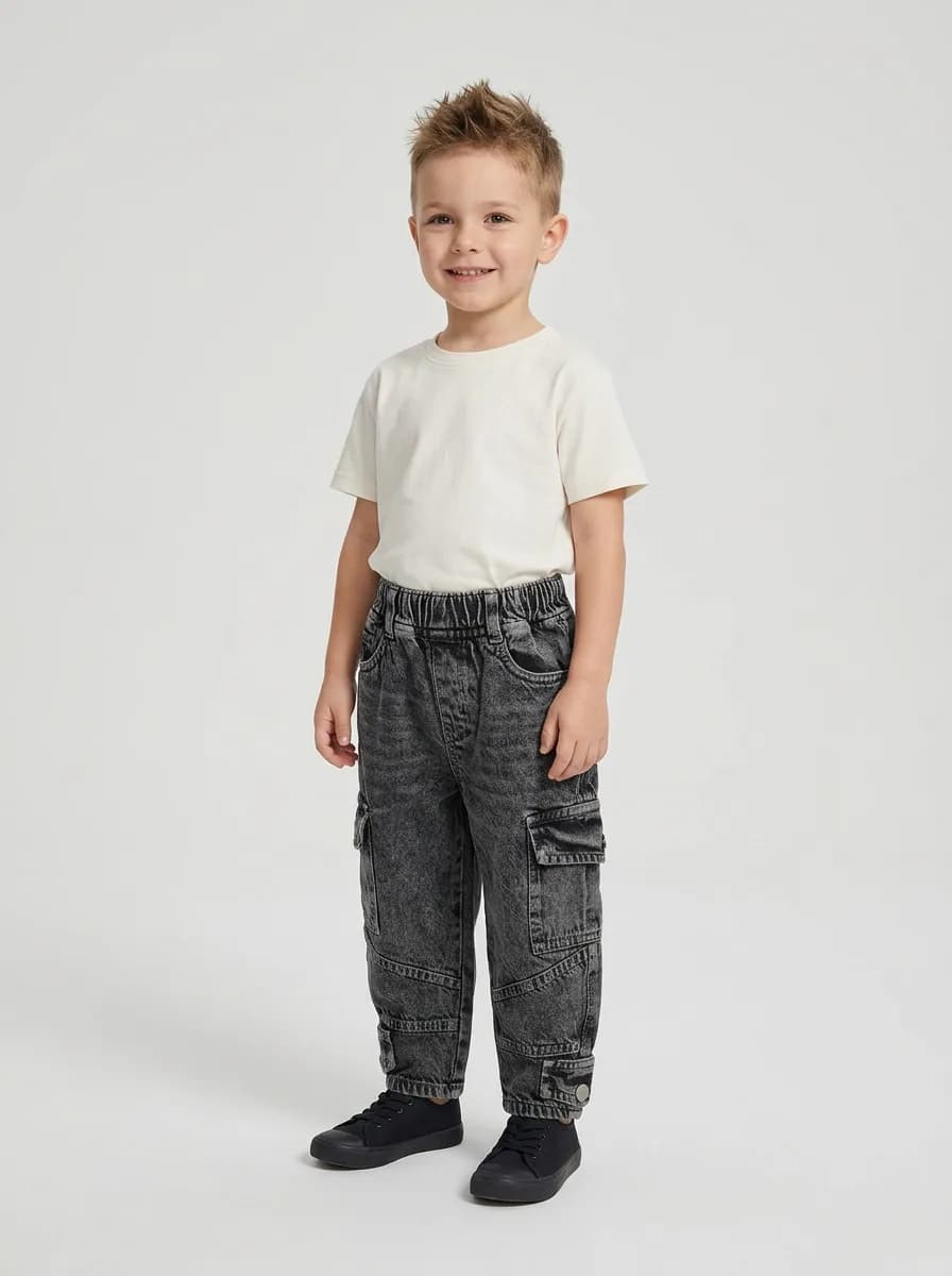 Unisex Kids Washed Black Acid Wash Denim Cargo Jeans