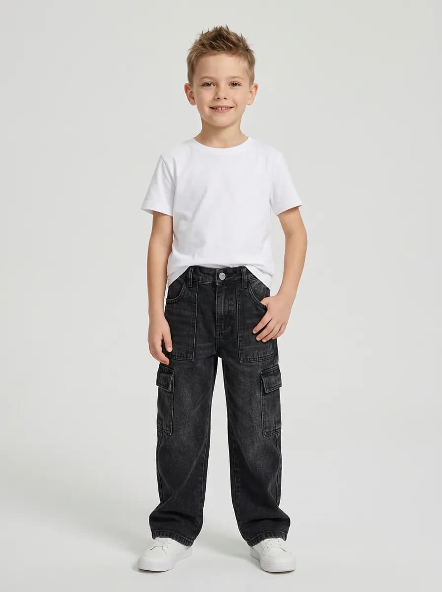 Kids Washed Black Cargo Denim Jeans