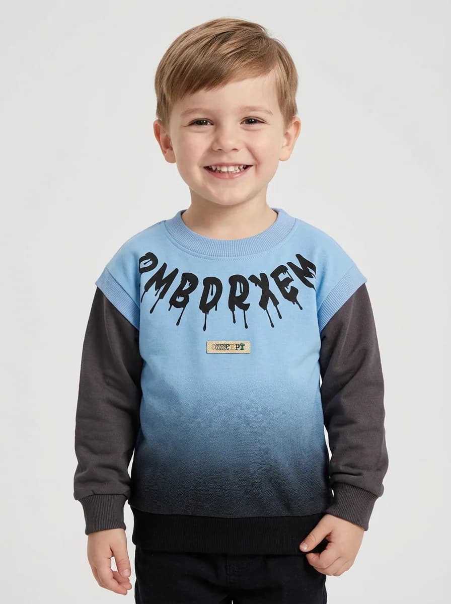 Boys Sky Blue and Charcoal Grey Ombre Graphic Crewneck Sweatshirt