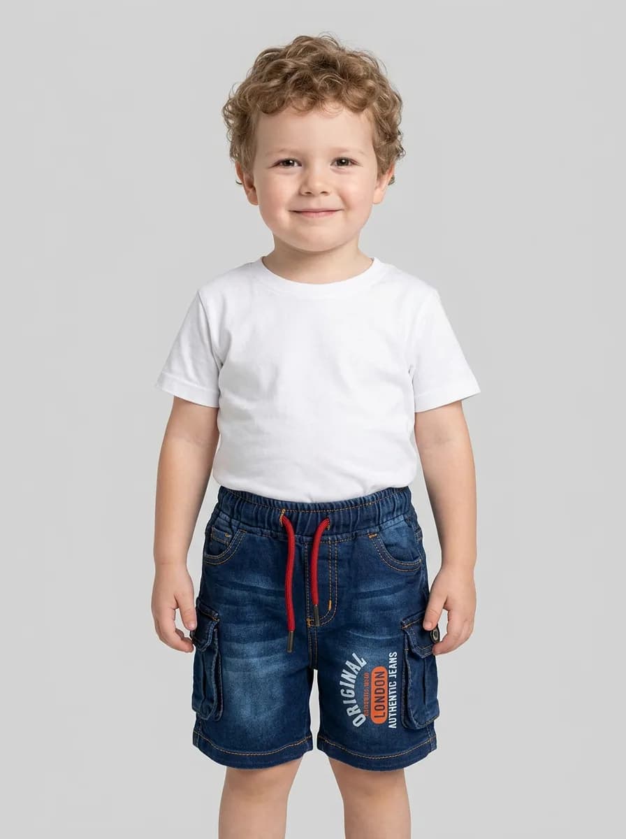 Boys Dark Blue Washed Denim Cargo Shorts with Red Drawstring