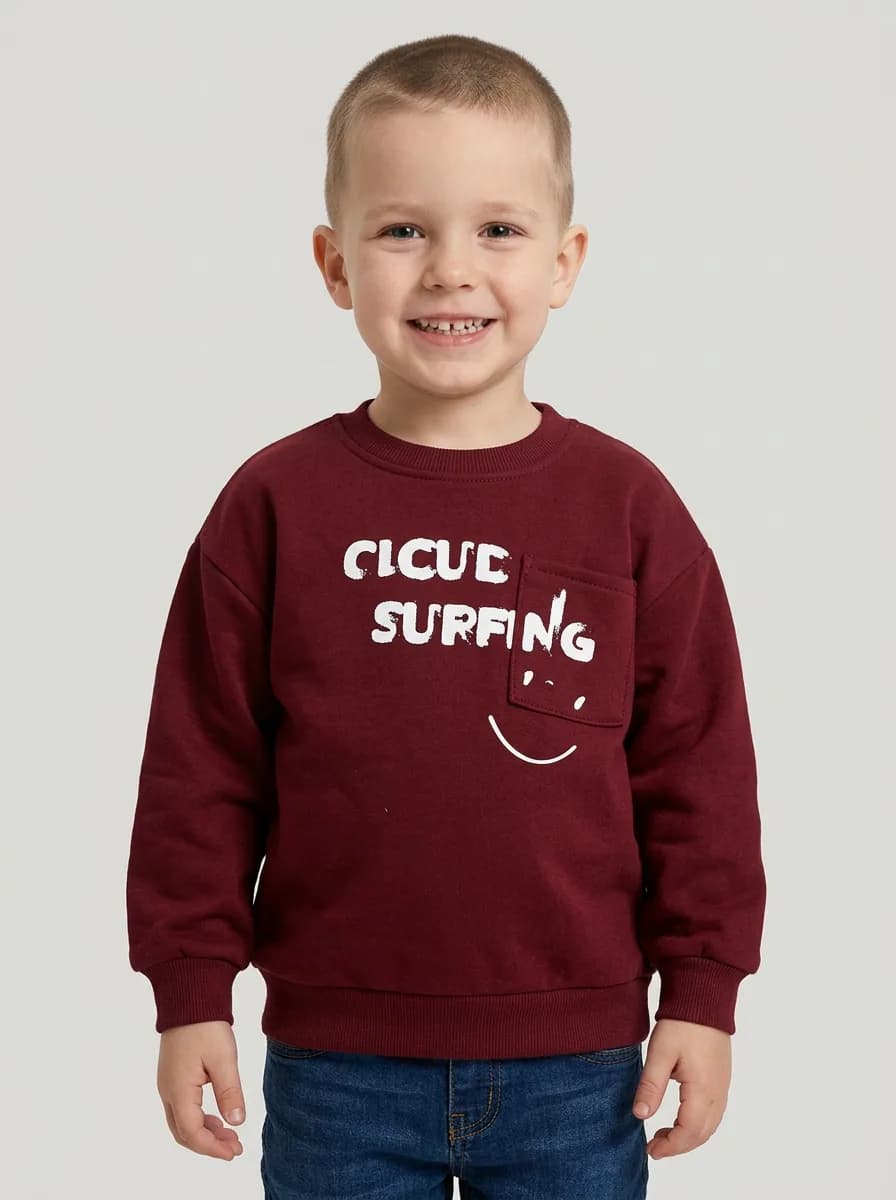 Kids Maroon Cloud Surfing Graphic Print Crew Neck Sweatshirt with Chest Pocket