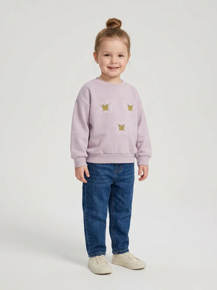 Girls Light Lavender Butterfly Print Crewneck Sweatshirt