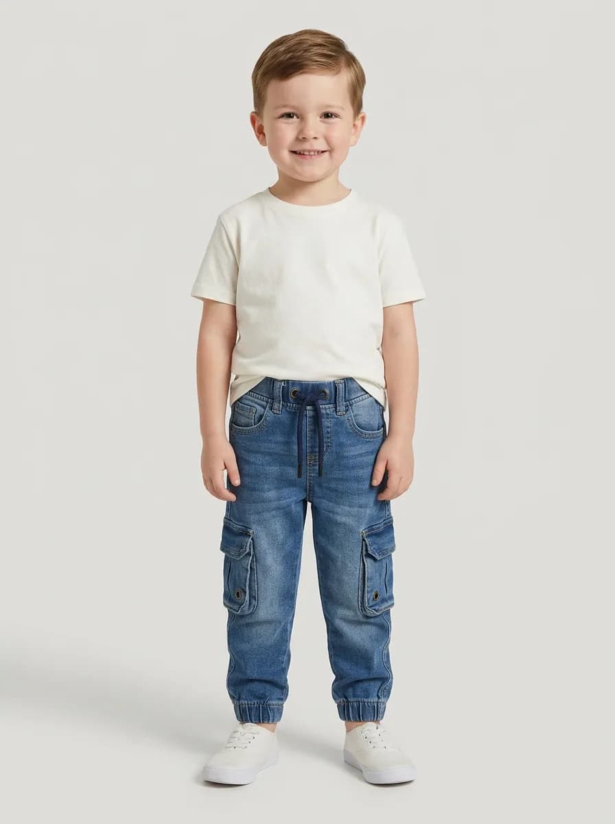 Boys Mid-Blue Washed Denim Cargo Jogger Jeans