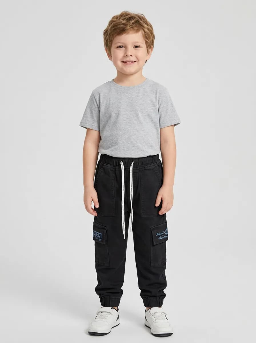 Kids Black Cargo Jogger Pants with Pockets