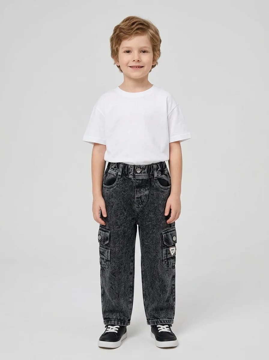 Kids Acid Wash Black Denim Cargo Jeans