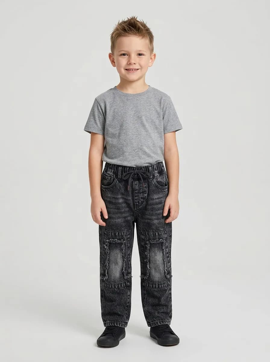 Kids Drawstring Black Distressed Denim Jeans