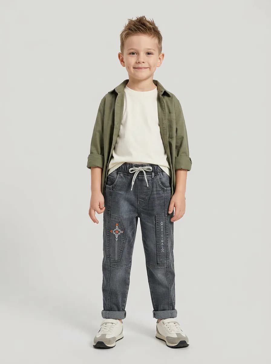 Boys Light Grey Washed Denim Jogger Jeans with Graphic Prints