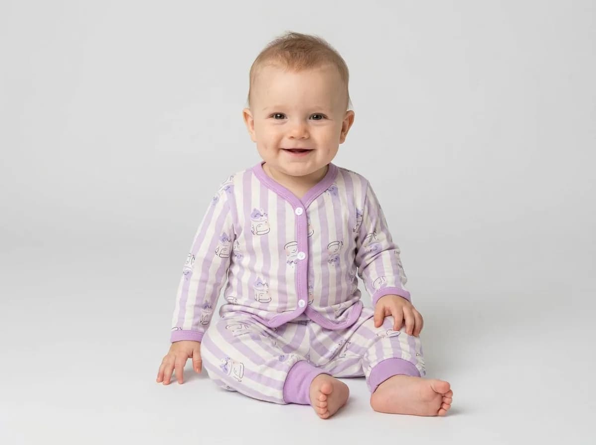 Baby Lilac and Off-White Striped Cat Print Top and Pyjama Set