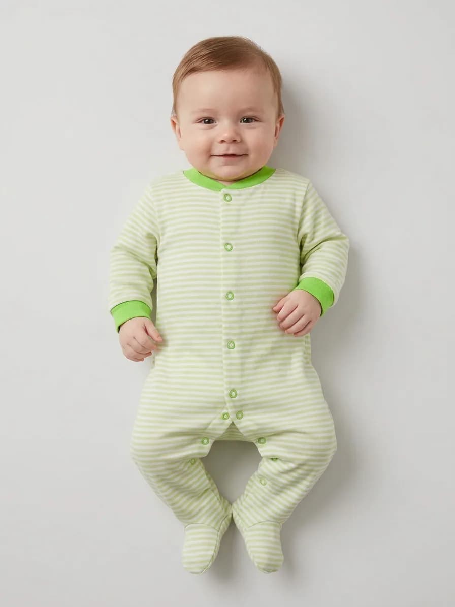 Baby Pack of 3 Green and White Printed Footed Sleepsuits