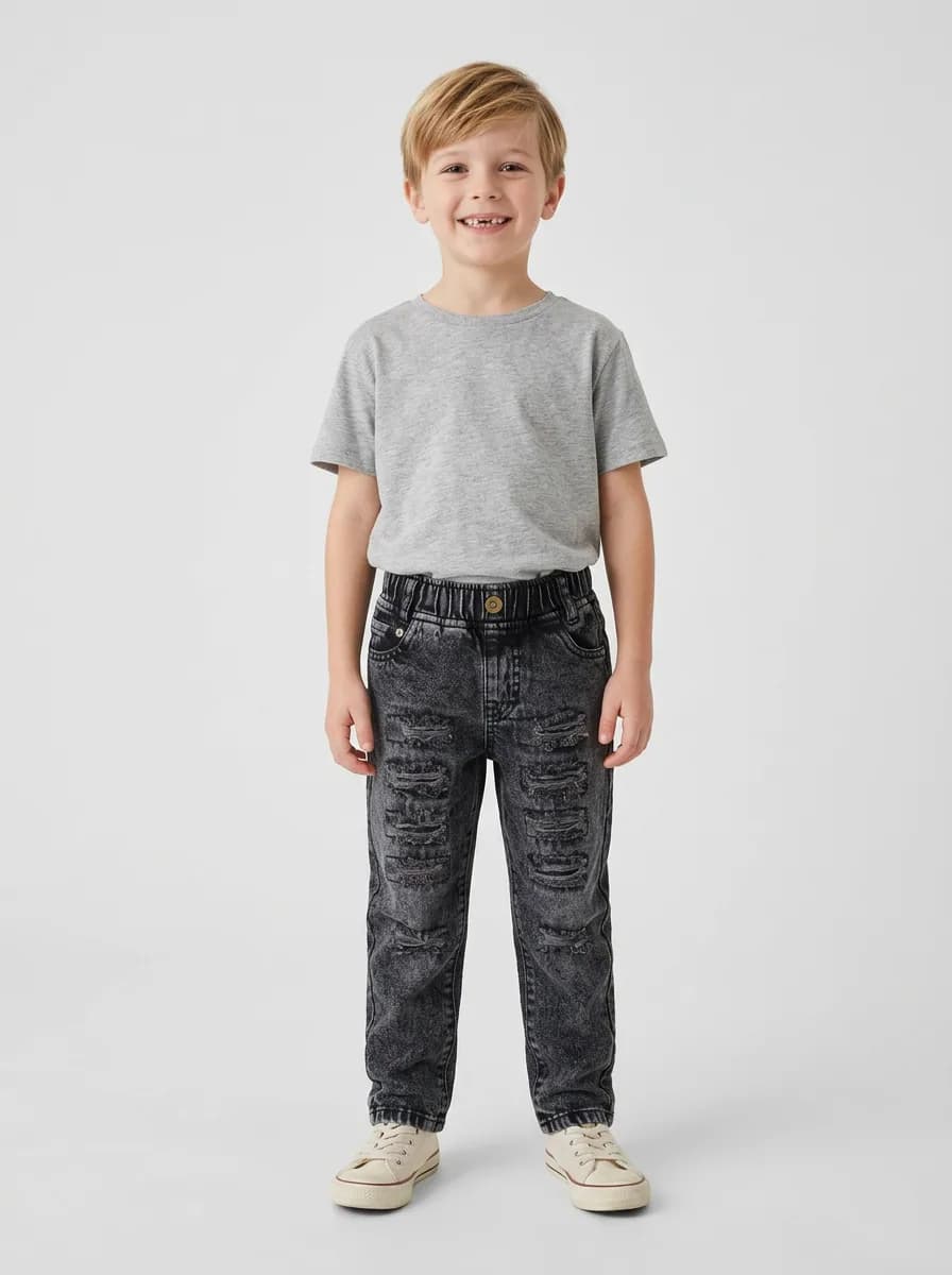 Boys Washed Black Distressed Denim Jeans with Elastic Waist